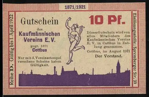 Notgeld Cottbus 1921, 10 Pf, Gutschein des Kaufmännischen Vereins E.V. mit Vereinsstempel und Skyline