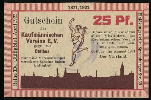 Notgeld Cottbus 1921, 25 Pf, Kaufmännischer Verein E.V. Gutschein, Stadtansicht, Stempel auf Rückseite