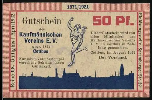 Notgeld Cottbus 1921, 50 Pf., Kaufmännischer Verein E.V. Gutschein blau /rot, Stempel auf Rückseite