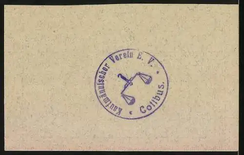 Notgeld Cottbus 1921, 50 Pf., Kaufmännischer Verein E.V. Gutschein blau /rot, Stempel auf Rückseite
