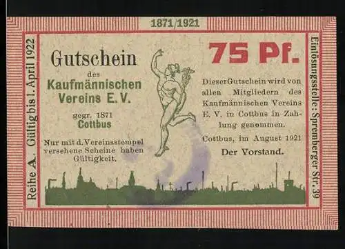 Notgeld Cottbus 1921, 75 Pf., Gutschein des Kaufmännischen Vereins E.V. mit Vereinsstempel und Gültigkeit bis April