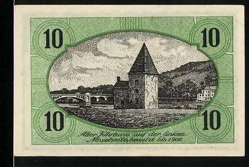 Notgeld Schweich 1920, 10 Pfennig, Abbildung von altem Turm und Handwerker mit Hammer