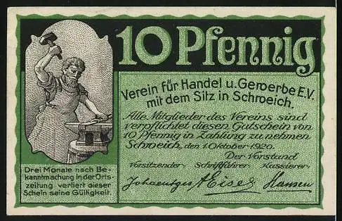 Notgeld Schweich 1920, 10 Pfennig, Abbildung von altem Turm und Handwerker mit Hammer