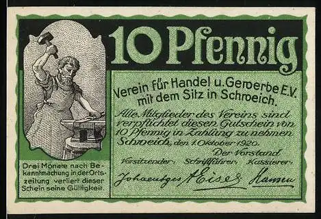 Notgeld Schweich 1920, 10 Pfennig, Verein für Handel u. Gewerbe, Alte Wasserturm-Szene