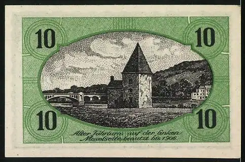 Notgeld Schweich 1920, 10 Pfennig, Verein für Handel u. Gewerbe, Alte Wasserturm-Szene