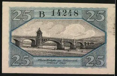 Notgeld Schweich 1920, 25 Pfennig, Vorderseite mit Schriftzug und Zeichnungen, Rückseite mit Brückenmotiv und Serien