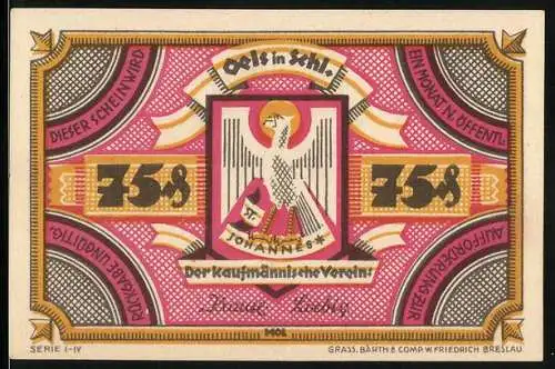 Notgeld Oels, 1921, 75 Pfennig, Der Kaufmännische Verein mit Adler und Rathausabbildung
