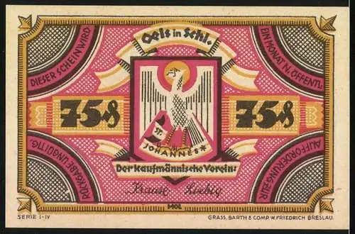 Notgeld Oels, 75 Pfennig, Rathaus und Kaufmännischer Verein, Serie I-IV