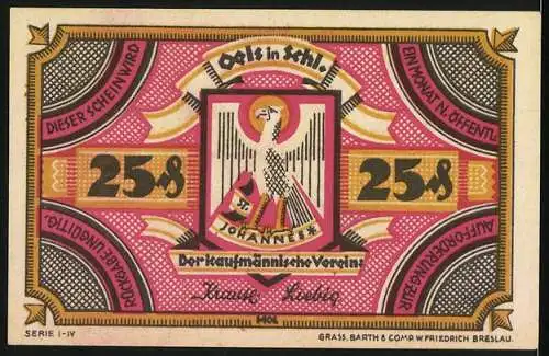 Notgeld Oels, 25 Pfennig, Ansicht von Schloss und Kaufmännischer Verein, Serie I-IV