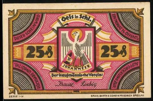 Notgeld Oels, 25 Pfennig, Der Kaufmännische Verein mit Adler und Schloss, Serie I-IV, 1921