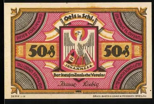 Notgeld Oels, 1921, 50 Pfennig, Der kaufmännische Verein und Orts Storchennest, Serie I-IV