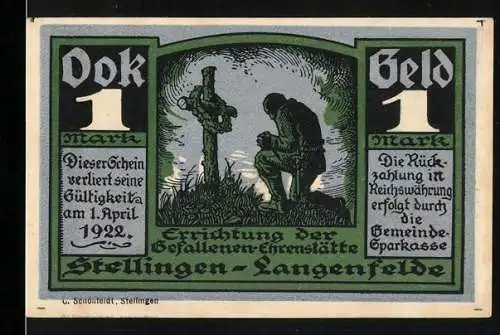 Notgeld Stellingen-Langenfelde 1922, 1 Mark, Soldat kniet vor Kreuz, Landschaft mit Turm