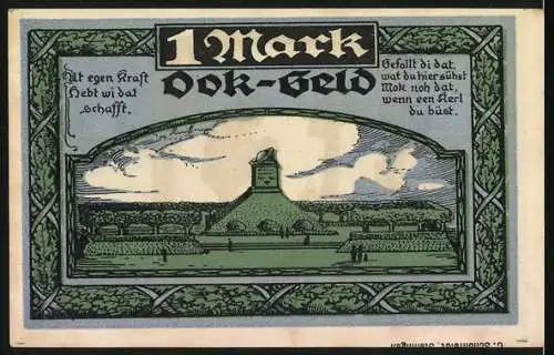 Notgeld Stellingen-Langenfelde 1922, 1 Mark, Soldat kniet vor Kreuz, Landschaft mit Turm