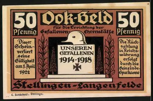 Notgeld Stellingen-Langenfelde, 1922, 50 Pfennig, Denkmal und Ehrenstätte für die Gefallenen 1914-1918