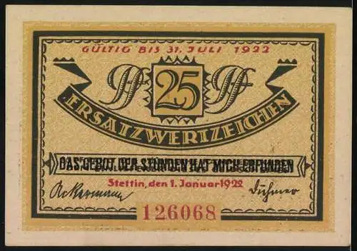 Notgeld Stettin 1922, 25 Pf, Deutschlands grösster Ostseehafen, gültig bis 31. Juli 1922