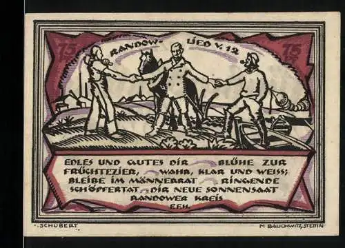 Notgeld Stettin 1921, 75 Pfennig, Männerrat zelebriert das Randow-Lied