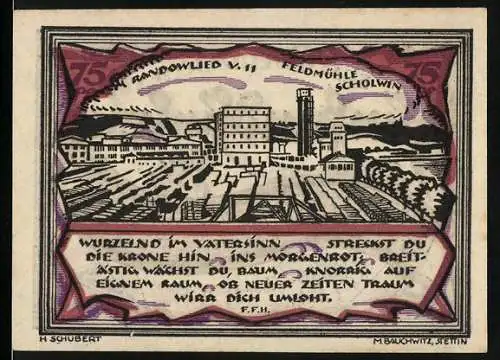 Notgeld Stettin 1921, 75 Pfennig, Vorderseite: Feldmühle Scholwin Zeichnung, Rückseite: Text