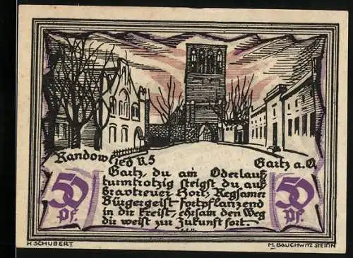 Notgeld Randow 1921, 50 Pfennig, Stadtansicht mit Kirche und Text