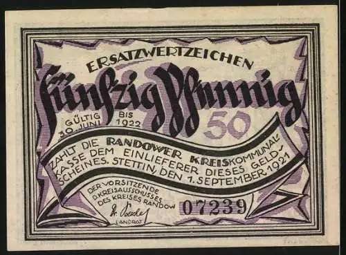 Notgeld Randow 1921, 50 Pfennig, Stadtansicht mit Kirche und Text