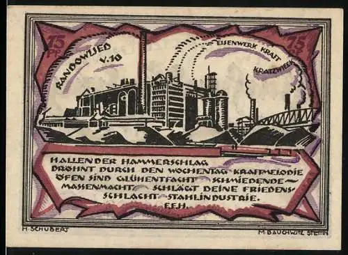 Notgeld Randow-Wried 1921, 75 Pfennig, Industrieansicht mit Text Hallender Hammerschlag und Gültigkeit bis 30. Juni