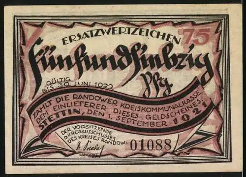 Notgeld Randow-Wried 1921, 75 Pfennig, Industrieansicht mit Text Hallender Hammerschlag und Gültigkeit bis 30. Juni