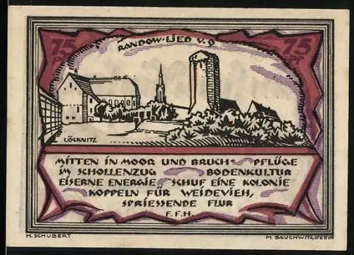 Notgeld Stettin, 1921, 75 Pfennig, Ersatzwertzeichen gültig bis 30. Juni 1922, Illustration von Dorfansicht und Text