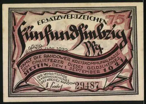 Notgeld Stettin, 1921, 75 Pfennig, Ersatzwertzeichen gültig bis 30. Juni 1922, Illustration von Dorfansicht und Text