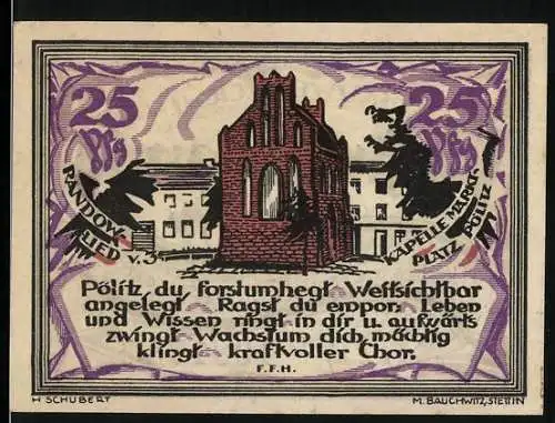Notgeld Randow, 1922, 25 Pf, Kapelle und Gebäude mit Text, gültig bis 30. Juni 1922, Ersatzwertzeichen, Seriennummer