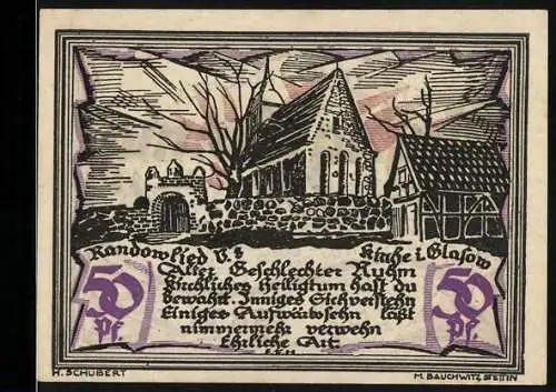 Notgeld Randow 1921, 50 Pfennig, Kirche in Glashof und Gültigkeitszeitraum bis 30. Juni 1922