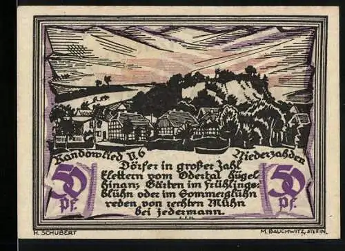 Notgeld Randow, 1921, 50 Pfennig, Dörfer und Hügellandschaft, gültig bis 30. Juni 1922