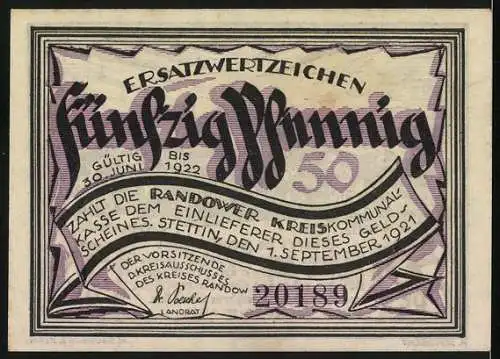 Notgeld Randow, 1921, 50 Pfennig, Dörfer und Hügellandschaft, gültig bis 30. Juni 1922