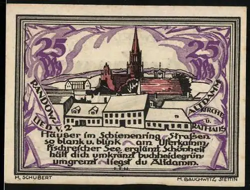 Notgeld Randow, 1922, 25 Pfennig, Stadtansicht mit Kirche und Rathaus, gültig bis 30. Juni 1922
