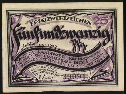 Notgeld Randow, 1922, 25 Pfennig, Stadtansicht mit Kirche und Rathaus, gültig bis 30. Juni 1922