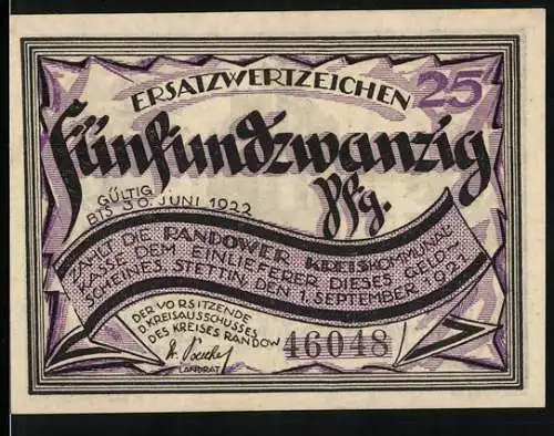 Notgeld Randow, 1922, 25 Pfennig, Ersatzwertzeichen gültig bis 30. Juni 1922, Kapelle Marienplatz und Gedicht