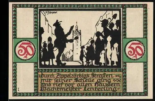 Notgeld Zörbig 1921, 50 Pfennig, Einlösbar bei der Stadtsparkasse, Illustration von H. Schiebel