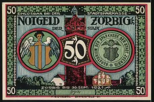 Notgeld Zörbig 1921, 50 Pfennig, Einlösbar bei der Stadtsparkasse, Illustration von H. Schiebel