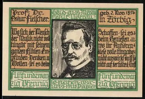 Notgeld Zörbig, 1921, 25 Pfennig, Porträt von Prof. Dr. Oskar Fleischer und Stadtwappen mit Engel