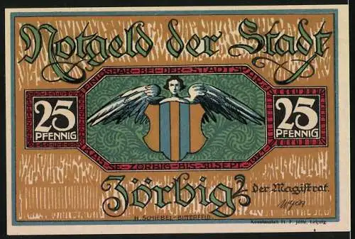 Notgeld Zörbig, 1921, 25 Pfennig, Porträt von Prof. Dr. Oskar Fleischer und Stadtwappen mit Engel