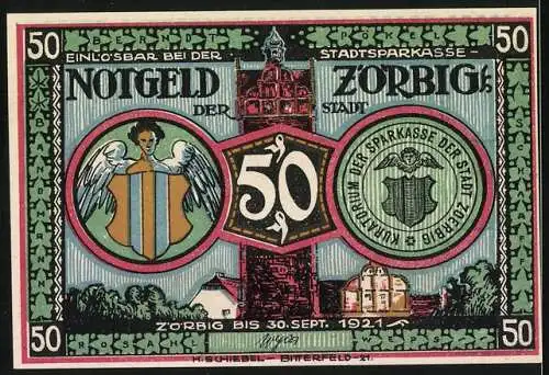 Notgeld Zörbig 1921, 50 Pfennig, Stadtansicht mit Engel und Stadtwappen, historische Szene mit Bürgern und Aufruf