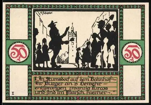 Notgeld Zörbig 1921, 50 Pfennig, Einlösbar bei der Stadtsparkasse, illustriert mit Stadtansichten und Scherenschnitt-S