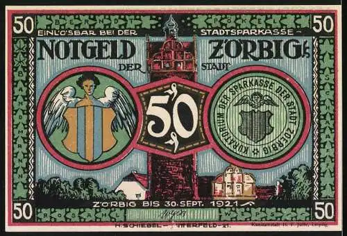 Notgeld Zörbig 1921, 50 Pfennig, Einlösbar bei der Stadtsparkasse, illustriert mit Stadtansichten und Scherenschnitt-S