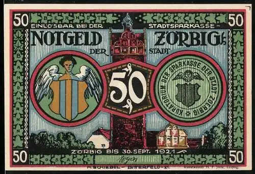 Notgeld Zörbig 1921, 50 Pfennig, Stadtansicht und Bürgerwehr-Motiv