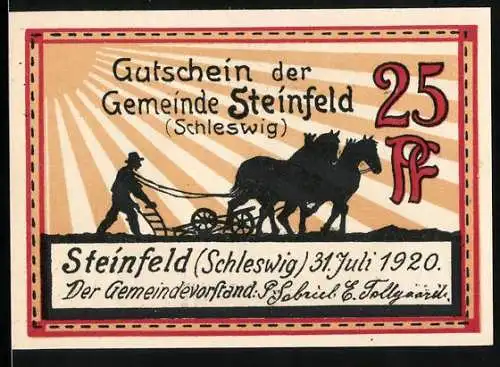 Notgeld Steinfeld (Schleswig) 1920, 25 Pf, Gutschein mit Bauer und Pferden, Rückseite Windmühle