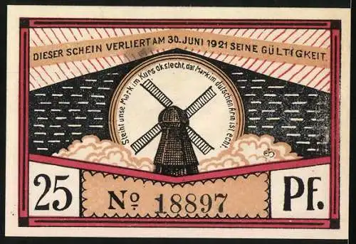 Notgeld Steinfeld (Schleswig) 1920, 25 Pf, Gutschein mit Bauer und Pferden, Rückseite Windmühle