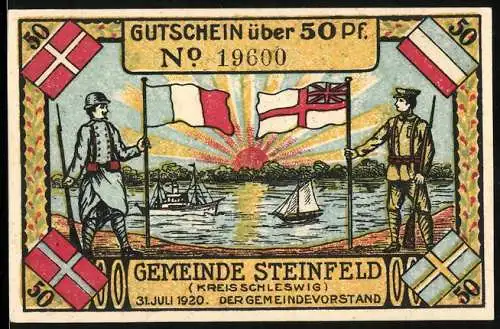 Notgeld Steinfeld 1920, 50 Pf, Soldaten mit Flaggen und Sonnenaufgang, Bauern bei Arbeit und Wappen unter Baum