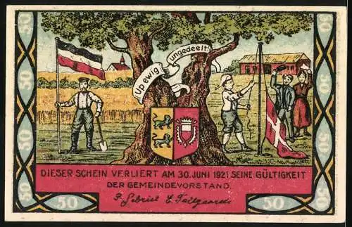 Notgeld Steinfeld 1920, 50 Pf, Soldaten mit Flaggen und Sonnenaufgang, Bauern bei Arbeit und Wappen unter Baum