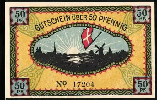 Notgeld Steinfeld, 1920, 50 Pfennig, Sonnenaufgang mit Fahne und Soldaten mit Flaggen