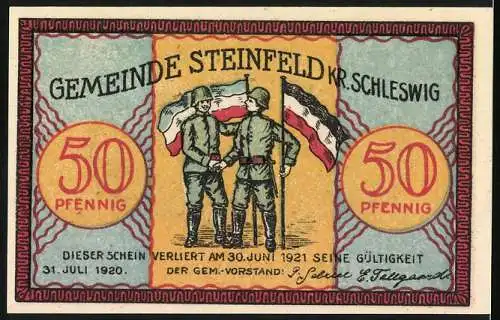 Notgeld Steinfeld, 1920, 50 Pfennig, Sonnenaufgang mit Fahne und Soldaten mit Flaggen