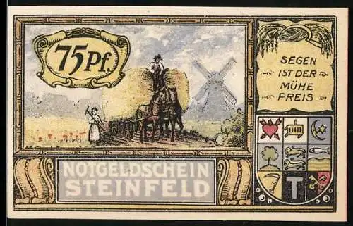 Notgeld Steinfeld, 1921, 75 Pf, Segen ist der Mühe Preis, Adler mit Fahne und Nummer 16380