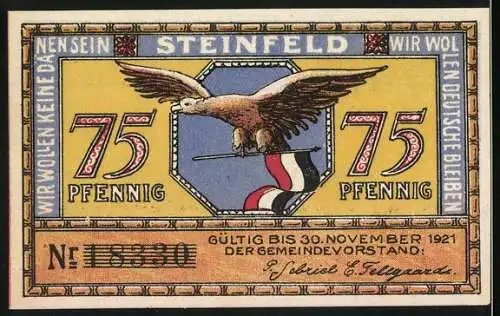 Notgeld Steinfeld, 1921, 75 Pf, Segen ist der Mühe Preis, Adler mit Fahne und Nummer 16380